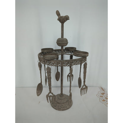Antique Cast Metal Bird Revolving Candelabra & Cutlery Server Heirloom