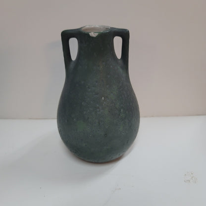 Austrian Art Pottery Double handle Vase Boy & Dog 6" green orange Porcelain