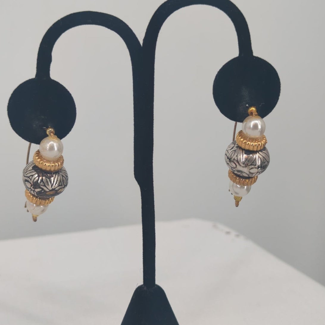 Vintage Ornate Beaded Dangle Earrings Silver Gold Faux Pearl Bohemian Chic