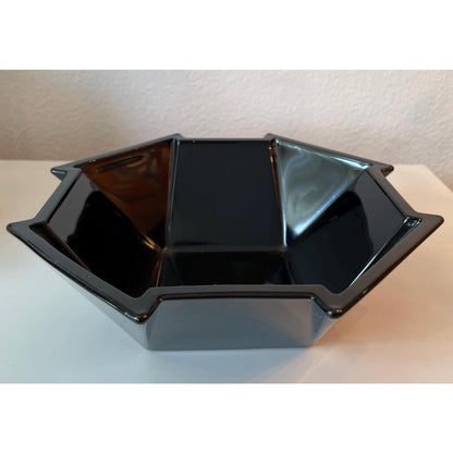 3 pc. Fostoria Black Glass Bowl & Pair Matching Candle holder Geometric Sakier