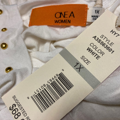 One A Women White/Cream Shirt Top 1X NEW V-neck Gold Stud Trim Short Sleeve Soft