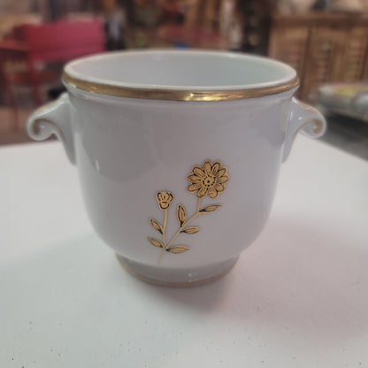 Richard Ginori CachePot Porcelain Gold White 4" tall double handle Italian
