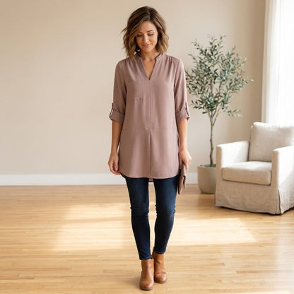 Lush Size large Tunic Roll Tab Sleeves High Low Dusty Rose Pink Womens NEW