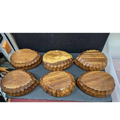 Vintage 1980s Acacia monkeypod wood Caesar salad bowl 7 pc. set serving oval
