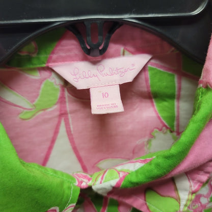 Lilly Pulitzer Size 10 Womens 100% Cotton gold Button Up blouse top Pink Green