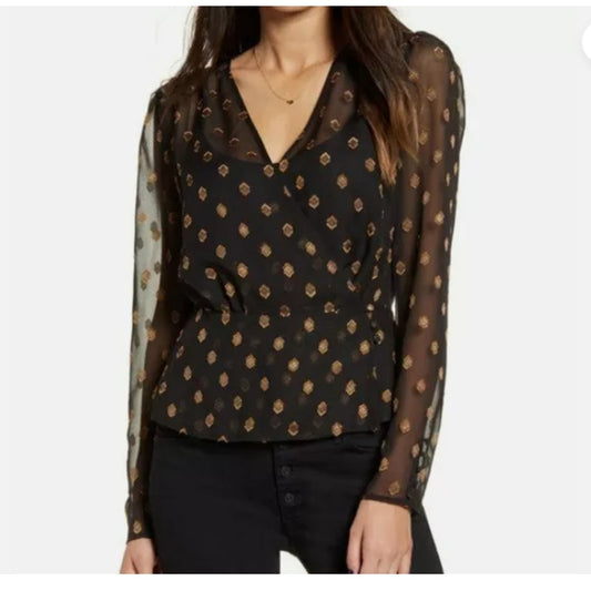 Chelsea28 Sheer Wrap Top Cami & Blouse Size XXS Black Geo Gold $89 Surplice New