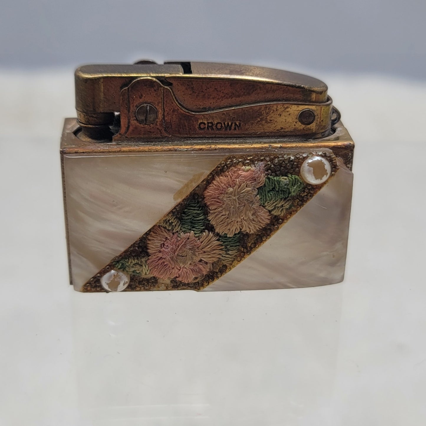 Vintage Crown Brass Mother of Pearl Pocket Lighter Antique Japan Floral Compact