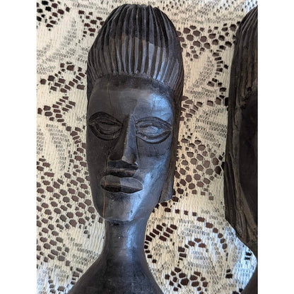 Vintage Hand Carved African Ebony Wood Bust Set Tribal Sculpture Art Duo