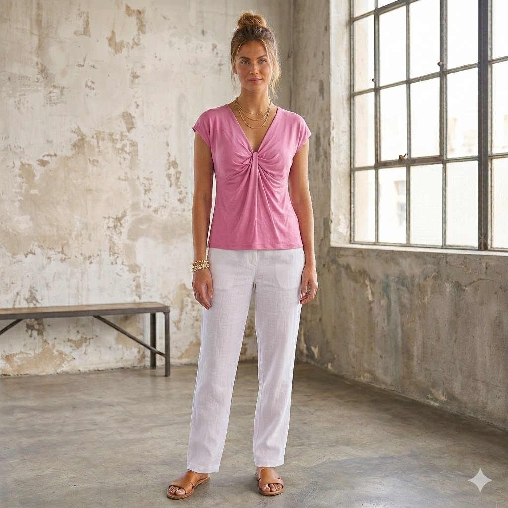 Chaus Knot Front Cap Sleeve Blouse Womens PXS Pink Ruched V-Neck Top y2K