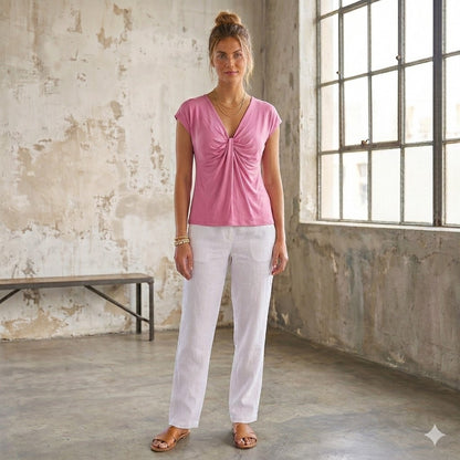 Chaus Knot Front Cap Sleeve Blouse Womens PXS Pink Ruched V-Neck Top y2K