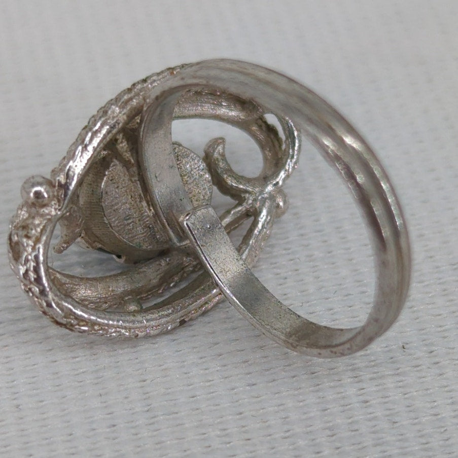 Vintage Silver Tone Oval Gray Stone Filigree Statement Ring Size 7