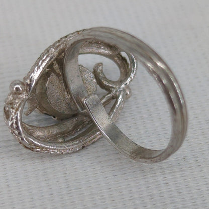 Vintage Silver Tone Oval Gray Stone Filigree Statement Ring Size 7