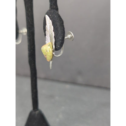 Vintage Unakite Silver Tone Leaf Clip On Earrings Southwestern Retro