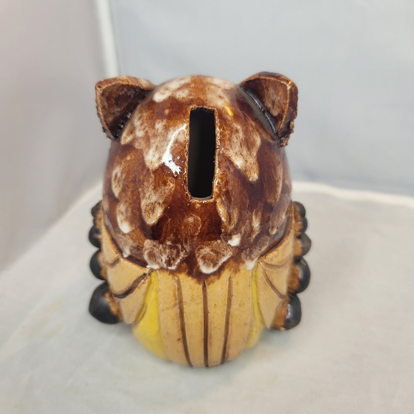 Handmade pottery owl bank big eyes textured cork bottom