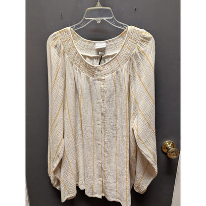 Ava & Viv Size 2X Plus Blouse Top Yellow Cream Stripe Cotton blouson long sleeve
