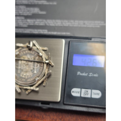 Vintage Spanish 5 Pesetas Brutalist Numismatic coin Pendant Silver Brooch Art