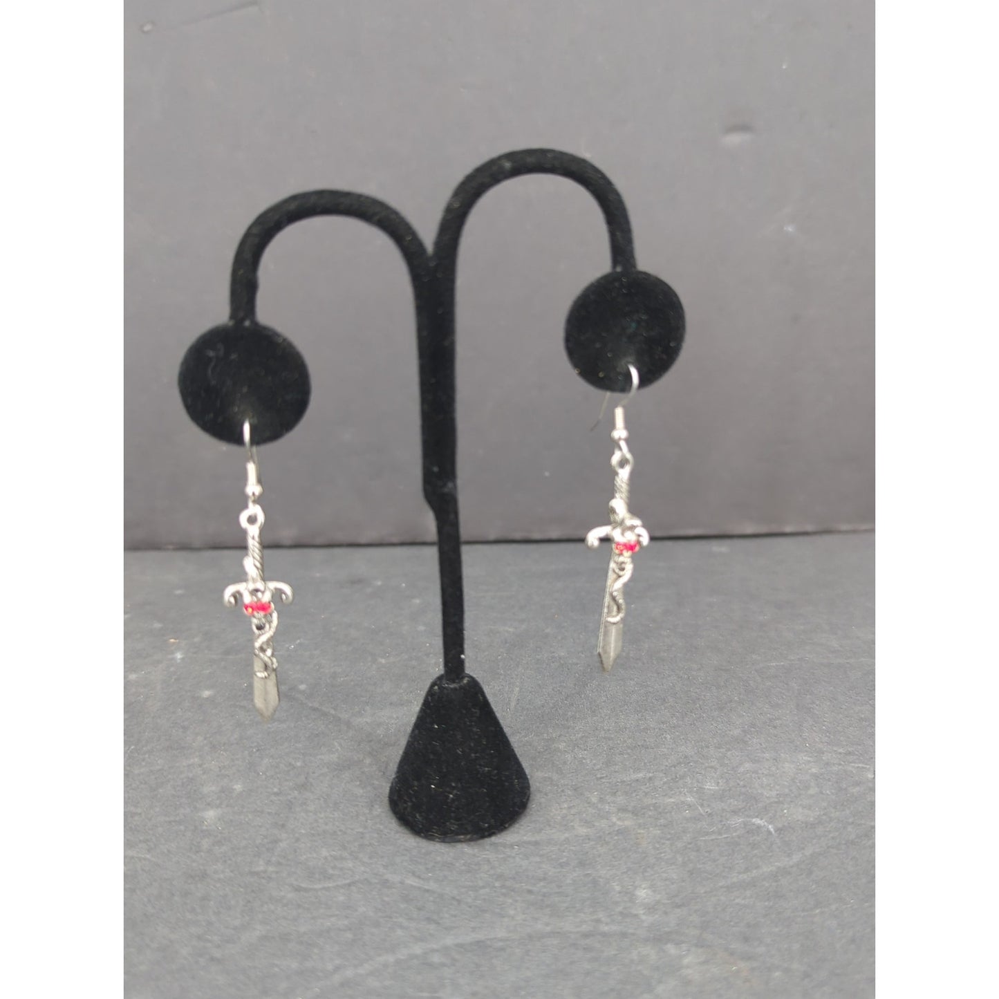 Vintage Sword Dangle Earrings Silver Tone Gemstone Gothic Pierced RenFaire Angel