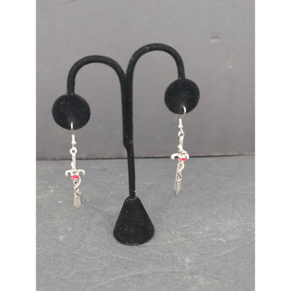 Vintage Sword Dangle Earrings Silver Tone Gemstone Gothic Pierced RenFaire Angel