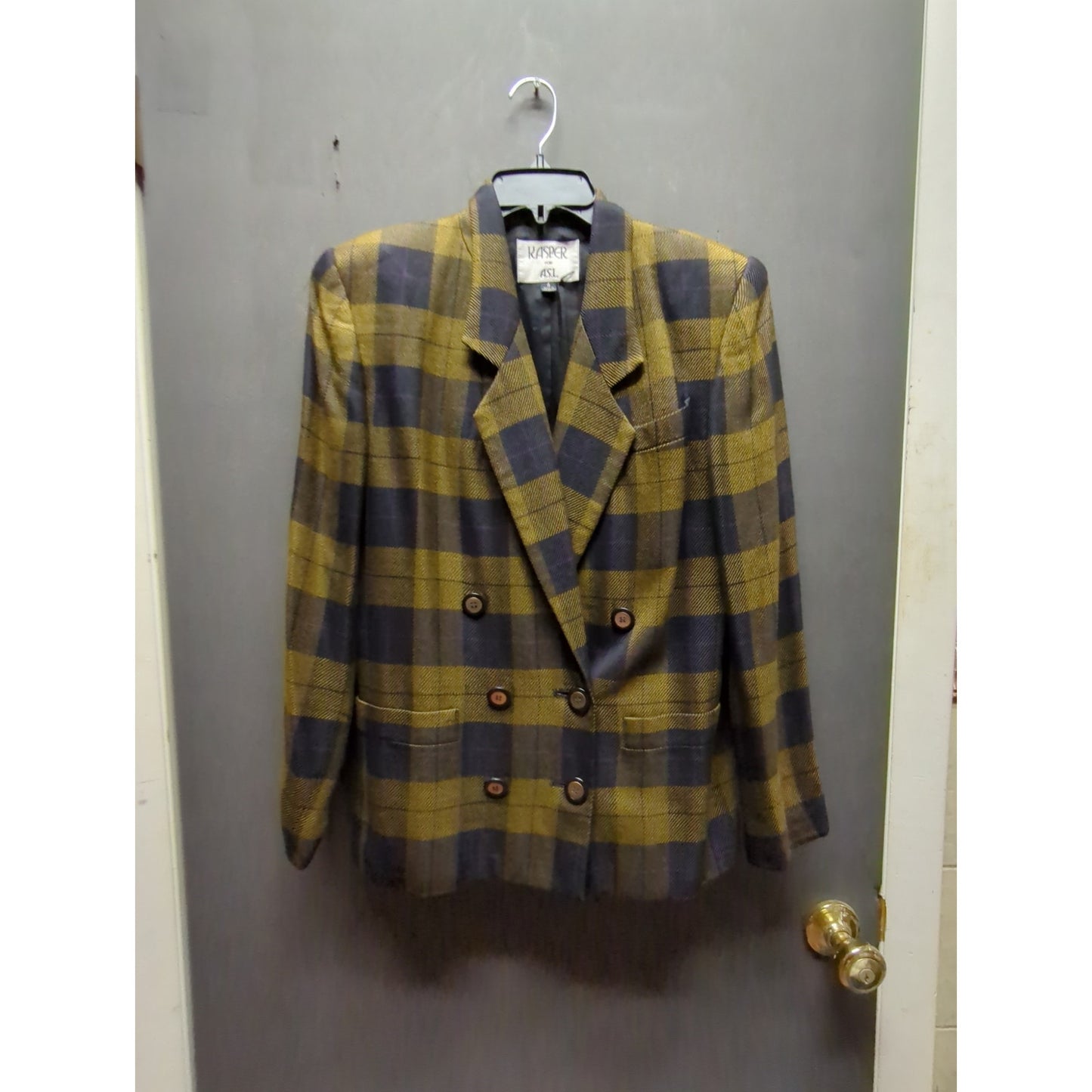 Kasper for ASL Size 4 Muted Gold Black Check Double Breasted Blazer Career
