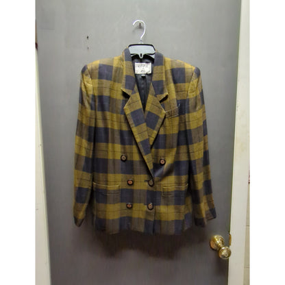 Kasper for ASL Size 4 Muted Gold Black Check Double Breasted Blazer Career