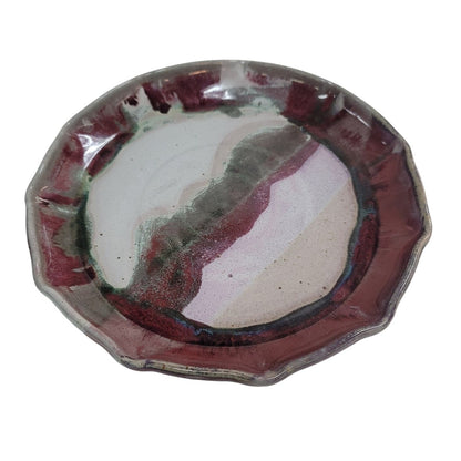 Art pottery ruffles edge plate bowl pie pan signed Alan Ward 1996 red green 11"