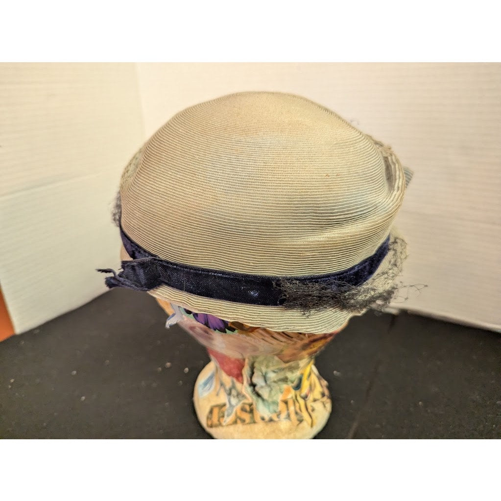 Vintage 40s 50s The Rhodes Hat Pale Blue Grey Pillbox Birdcage Veil Bow
