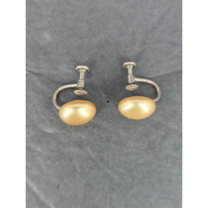 Vintage White Cream Faux Pearl Solitaire Screw Back Earrings Mid Century Retro