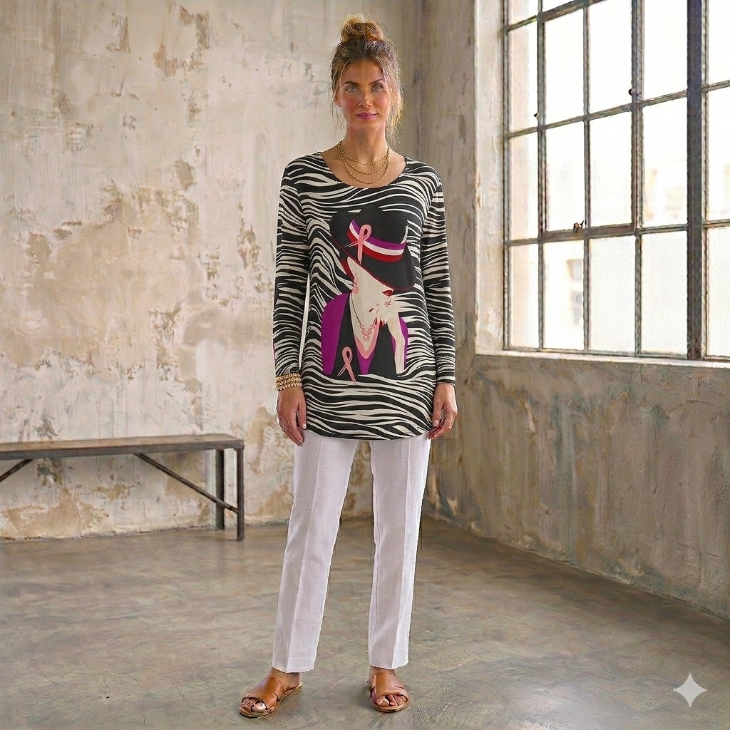 Peter Nygard Zebra Graphic Tunic Top VINTAGE Medium Black White Knit Blouse