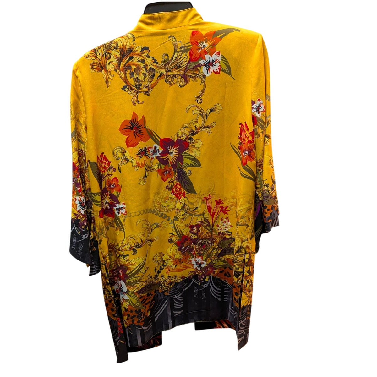 Nygard Mustard Yellow Floral Tropical Open Front Duster Kimono Cardigan