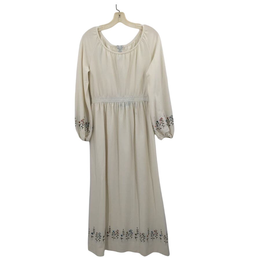 Vintage Leslie Fay Cream Dress Embroidery Maxi Long Sleeve cOTTON bLEND MEDIUM