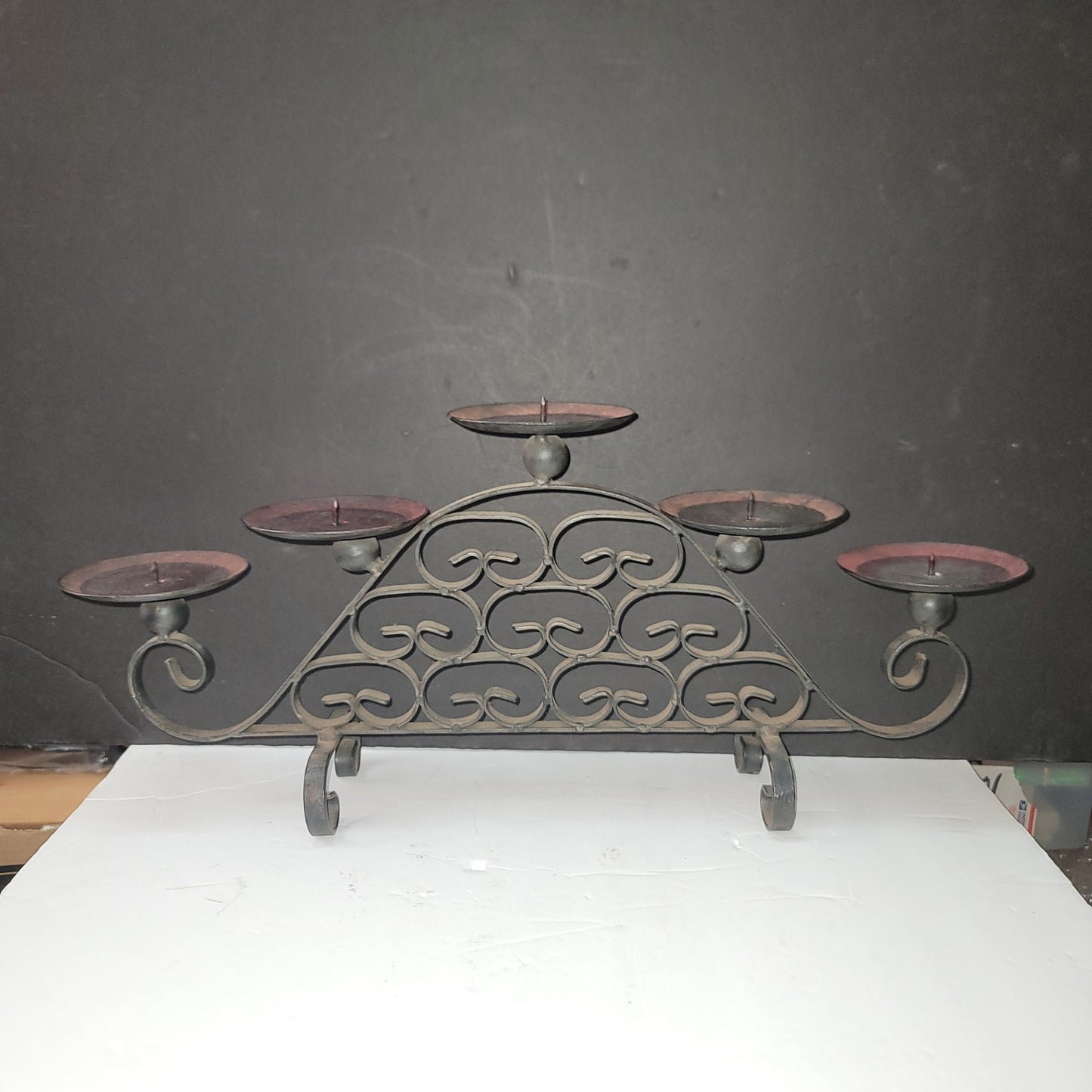 Wrought Iron Five Pillar 19.6” Tabletop Candelabra Black Candleholder Vintage