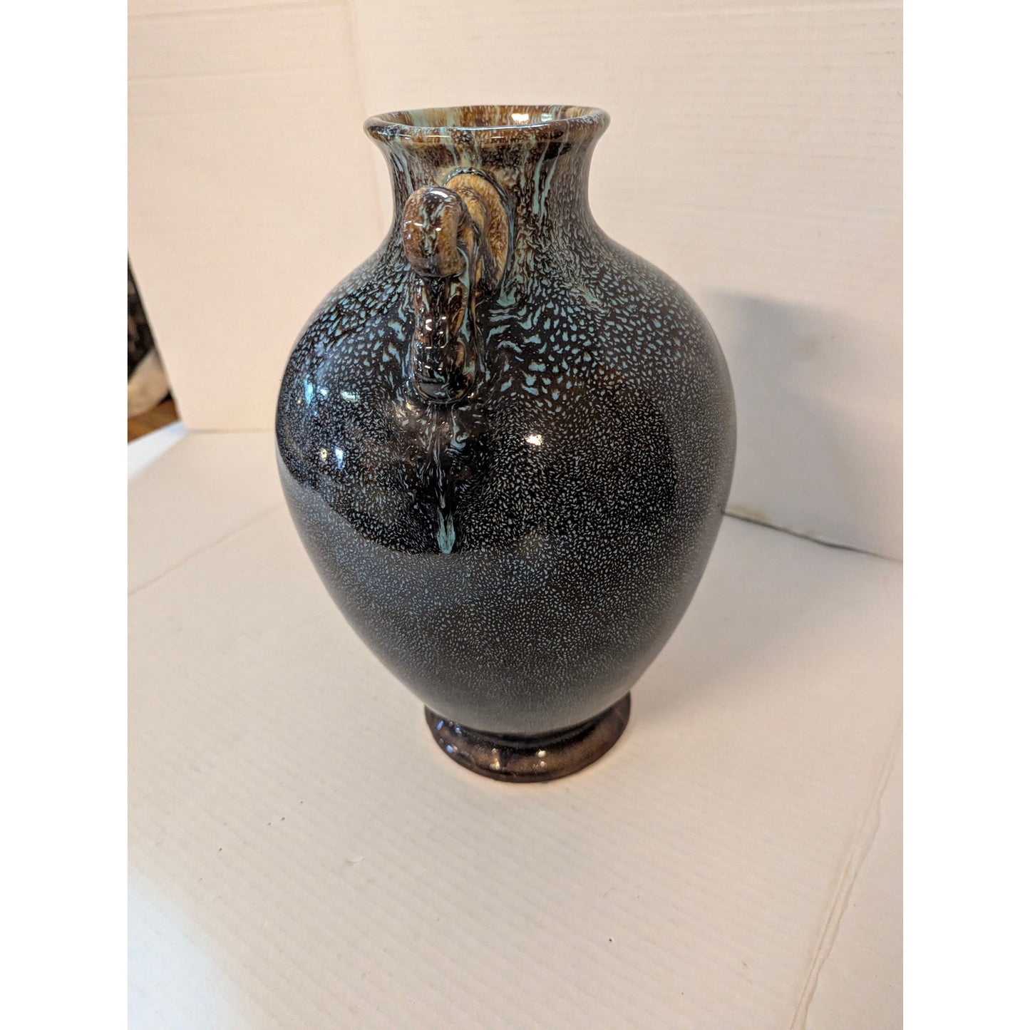 Vintage Studio Pottery Drip Glaze Urn Vase Double Handle Metallic Textured 12"