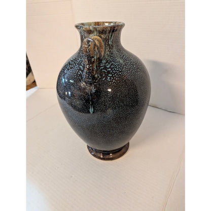 Vintage Studio Pottery Drip Glaze Urn Vase Double Handle Metallic Textured 12"