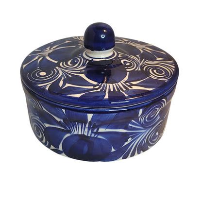 Hand painted Talavera Serving dish  tortilla Warmer Covered Blue White 8" x 3.5"
