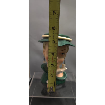 Vintage 1950s Damaged Napco Blonde Lady Head Vase Planter Green Hat Kitsch
