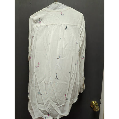 Joules White Painted Dog Walker Tunic Blouse Size 4 Funky Long Sleeve Deep Vneck