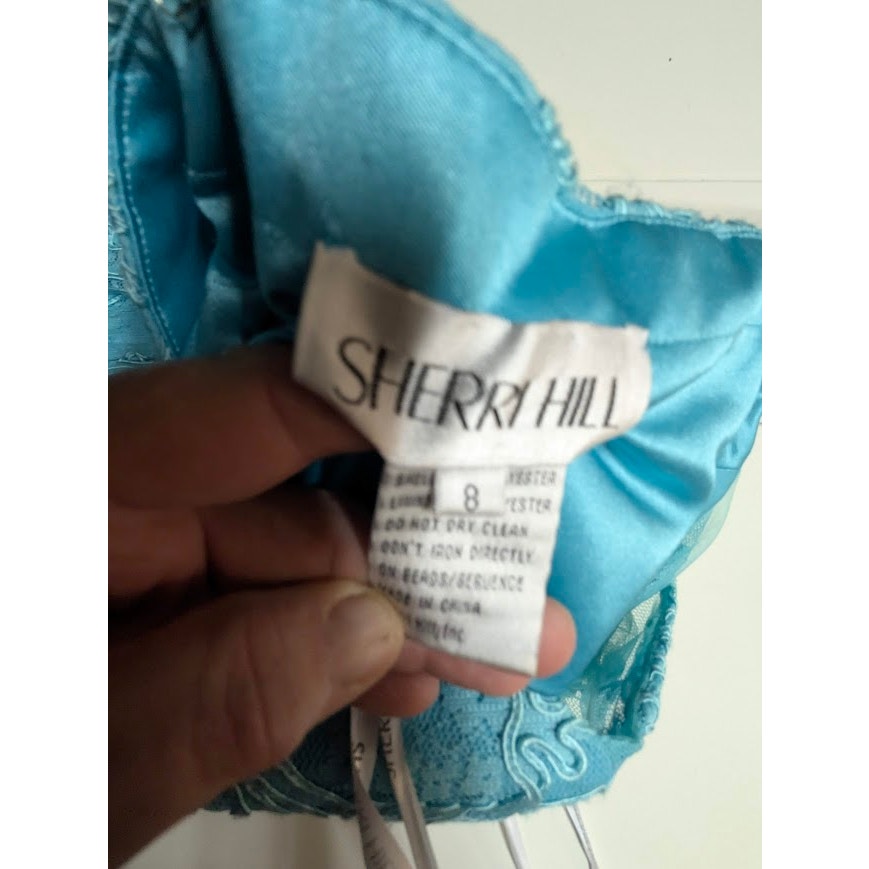 Sherri Hill 2 pc. halter top w/ maxi skirt teal aqua pearls 51020 Top 8 Skirt 0
