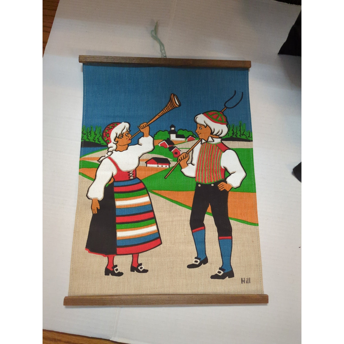Vintage Scandinavian Burlap Wall Hanging Swedish Folk Art Hill Fabric Scroll