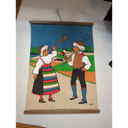 Vintage Scandinavian Burlap Wall Hanging Swedish Folk Art Hill Fabric Scroll
