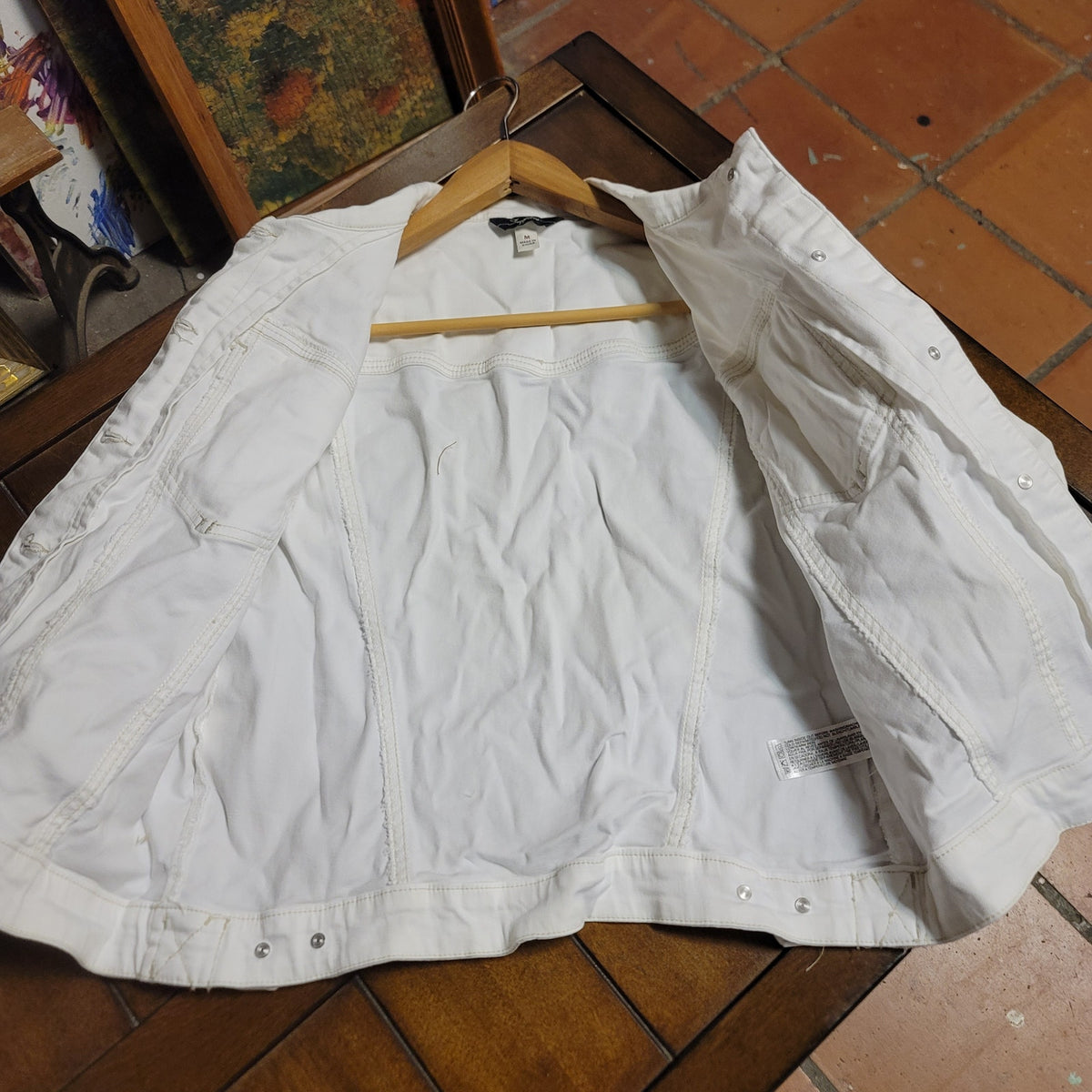 Supplies Womens Size Medium White Denim Jacket Button Long Sleeve cotton Stretch