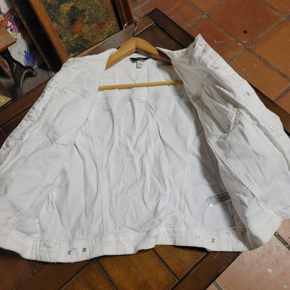 Supplies Womens Size Medium White Denim Jacket Button Long Sleeve cotton Stretch