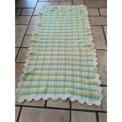 Vintage Hand-Crochet Pastel Plaid Baby Blanket with Scalloped Border
