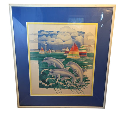 Pod of Dolphins by Paul Brent Original Signed Lithograph Framed Under Glass 1991