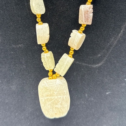 Vintage white soapstone carved scarab beaded necklace Egyptian revival 30"