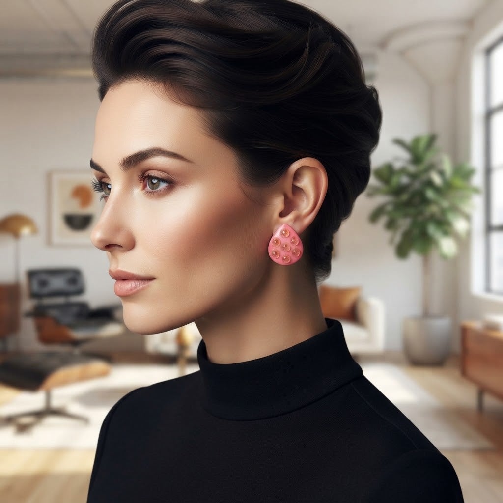 Vintage Pink Teardrop Clip-On Earrings Retro Studded Textured Pop Jewelry