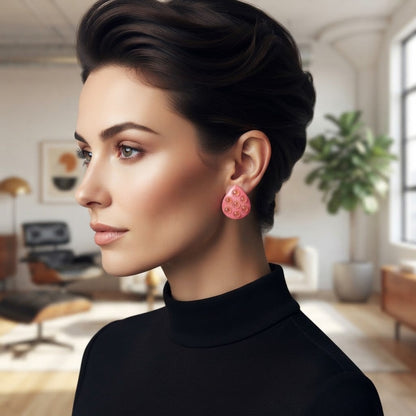 Vintage Pink Teardrop Clip-On Earrings Retro Studded Textured Pop Jewelry