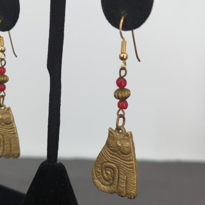 Vintage Brass Brutalist Cat Dangle Earrings 2.5 Inch Whimsical Boho Eclectic