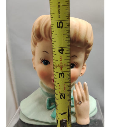 Vintage 1950s Damaged Napco Blonde Lady Head Vase Planter Green Dress Kitsch