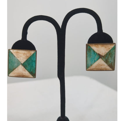 Vintage Pyramid Turquoise Patina Brass Clip-On Earrings Statement Southwestern