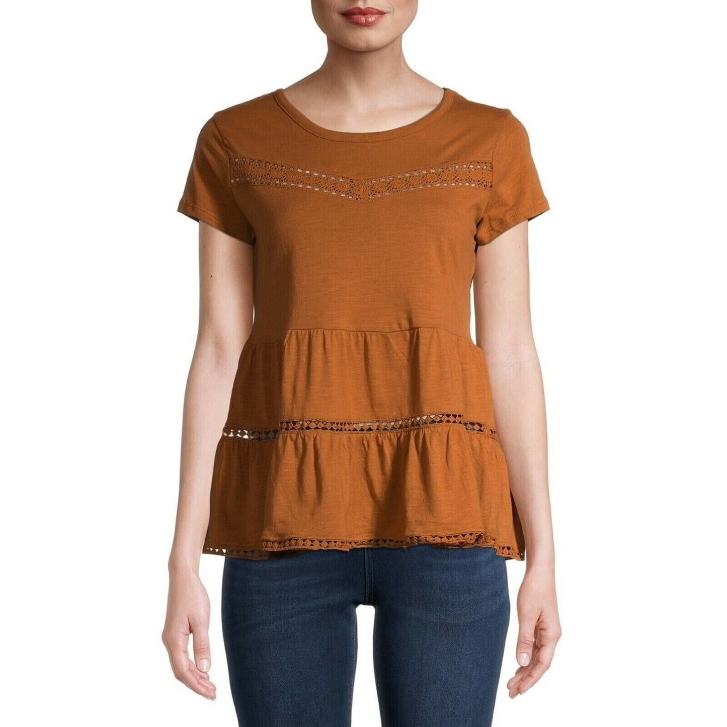Derek Heart Juniors Babydoll Tiered Pullover Top LARGE Rusty Brown/Orange NWT